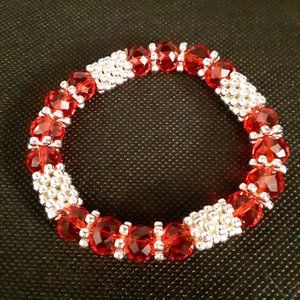 Red Aurora Borealis Silver Tone Bead Stretch Bracelet